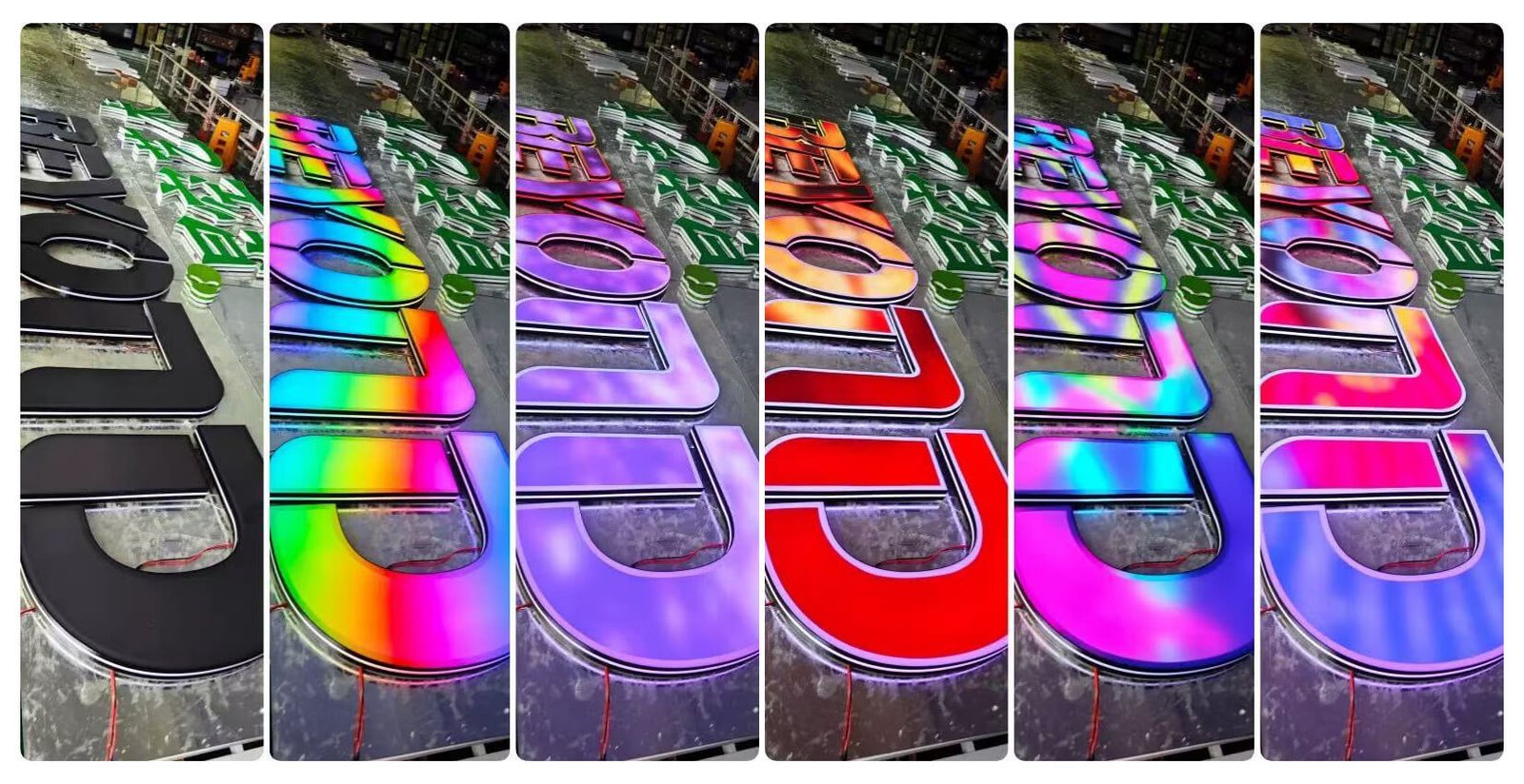 RGB color-changing LED channel letters in different lighting color