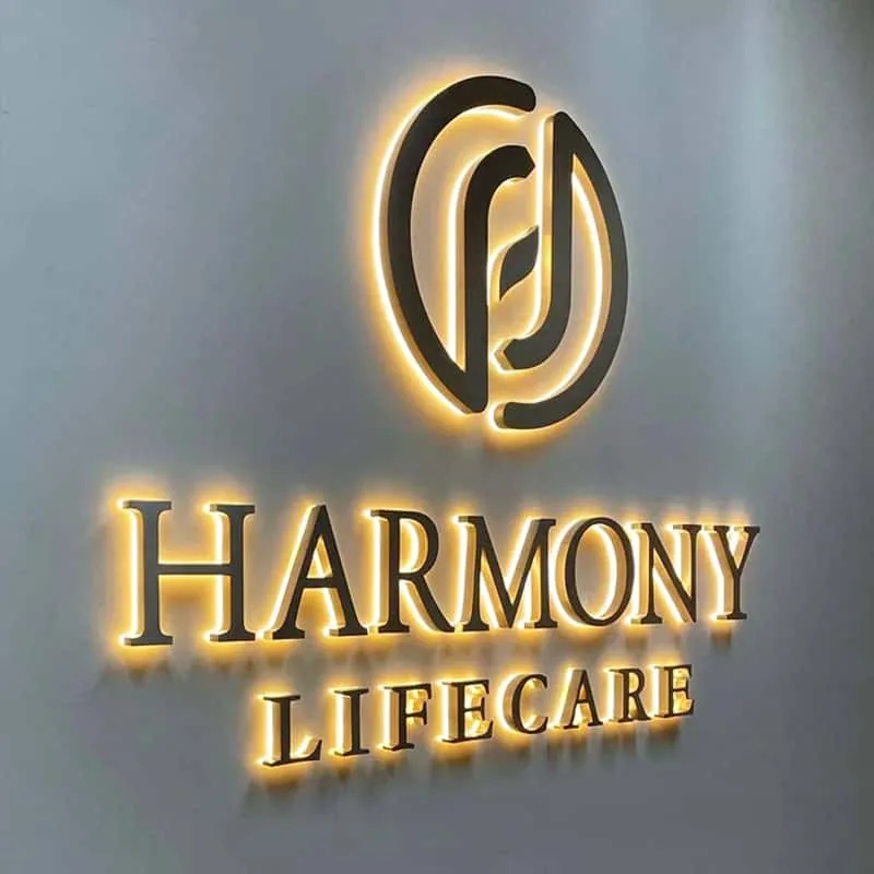 Warm halo-lit stainless steel logo letters on a wall