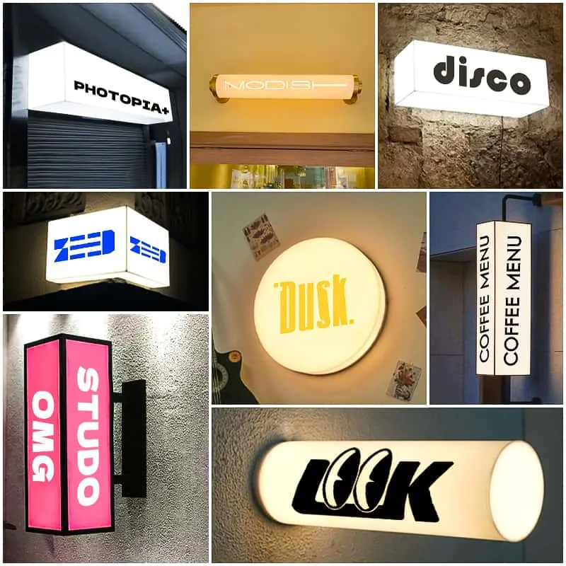 Collage of custom illuminated sign and light box styles