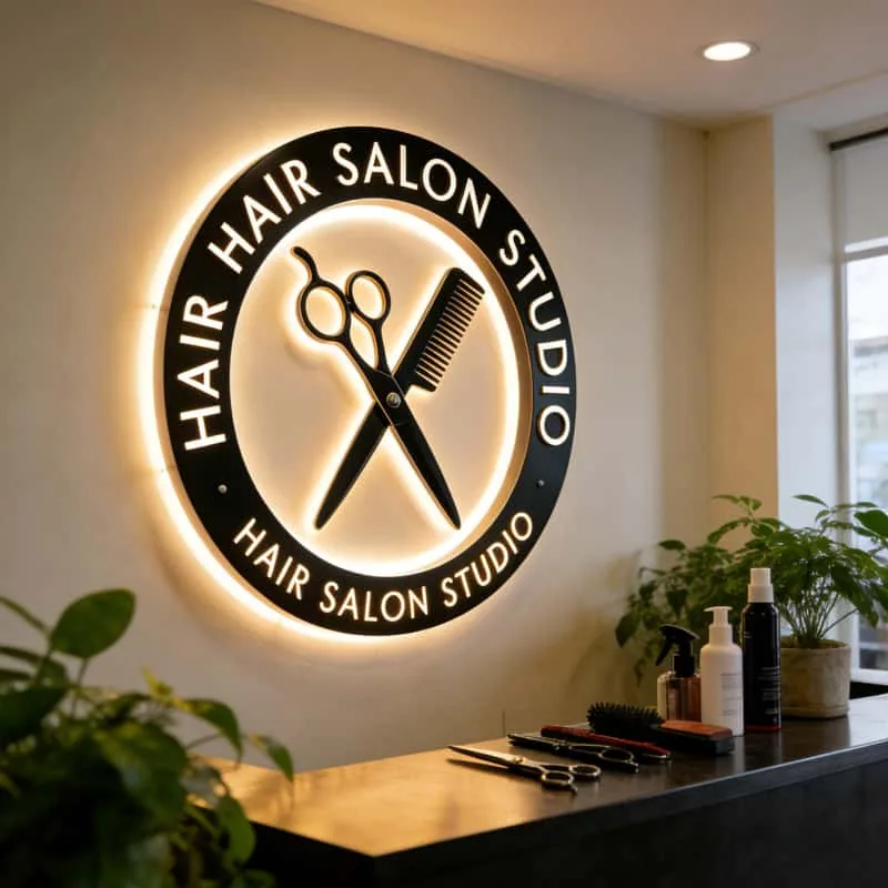 Round halo-lit hair salon wall sign