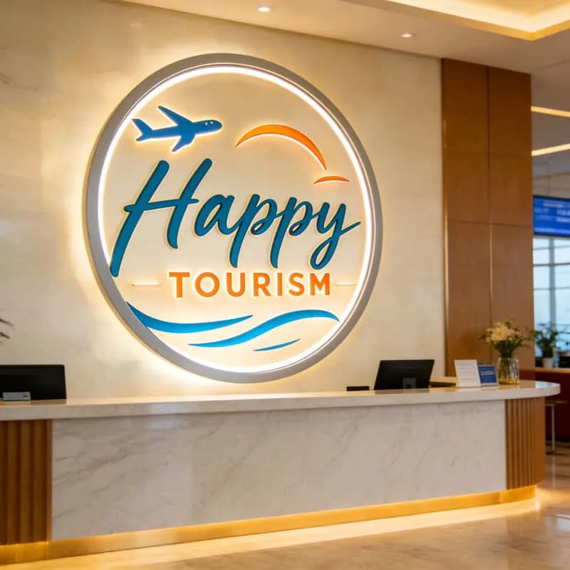 Round illuminated tourism logo sign in a reception area