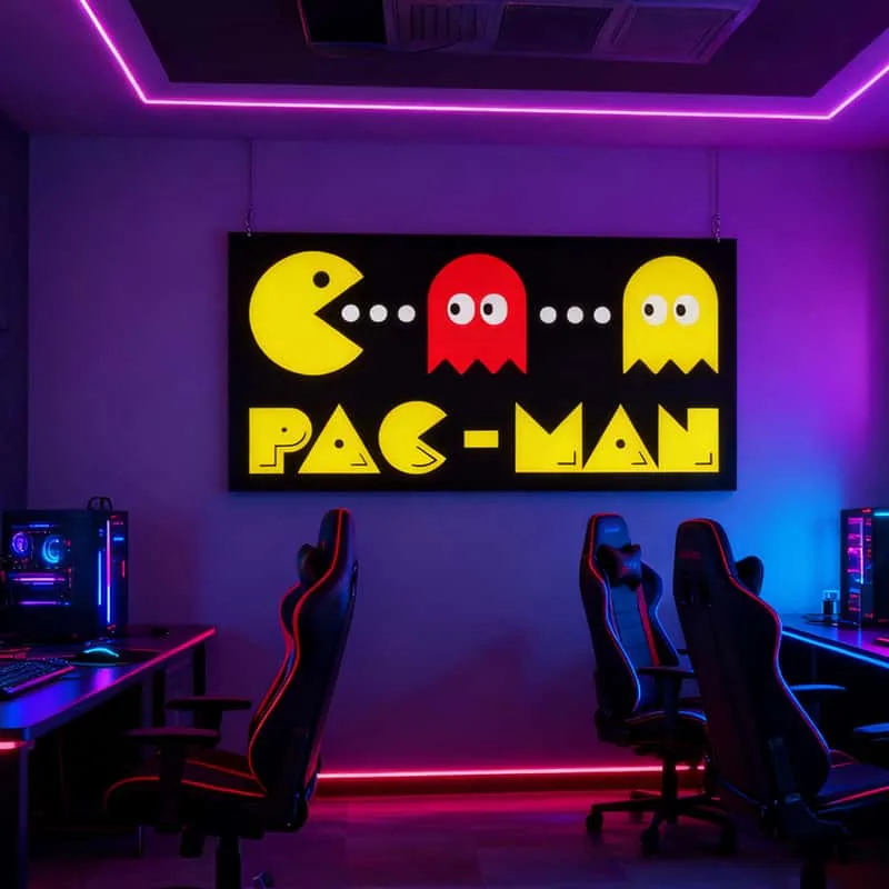 Colorful illuminated arcade wall sign in a dark room