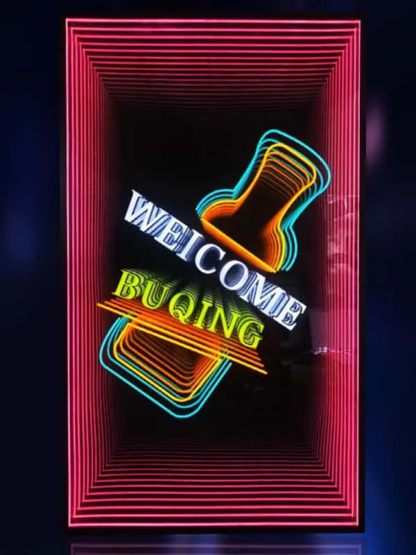 Vertical infinity mirror LED sign for a hospitality entrance