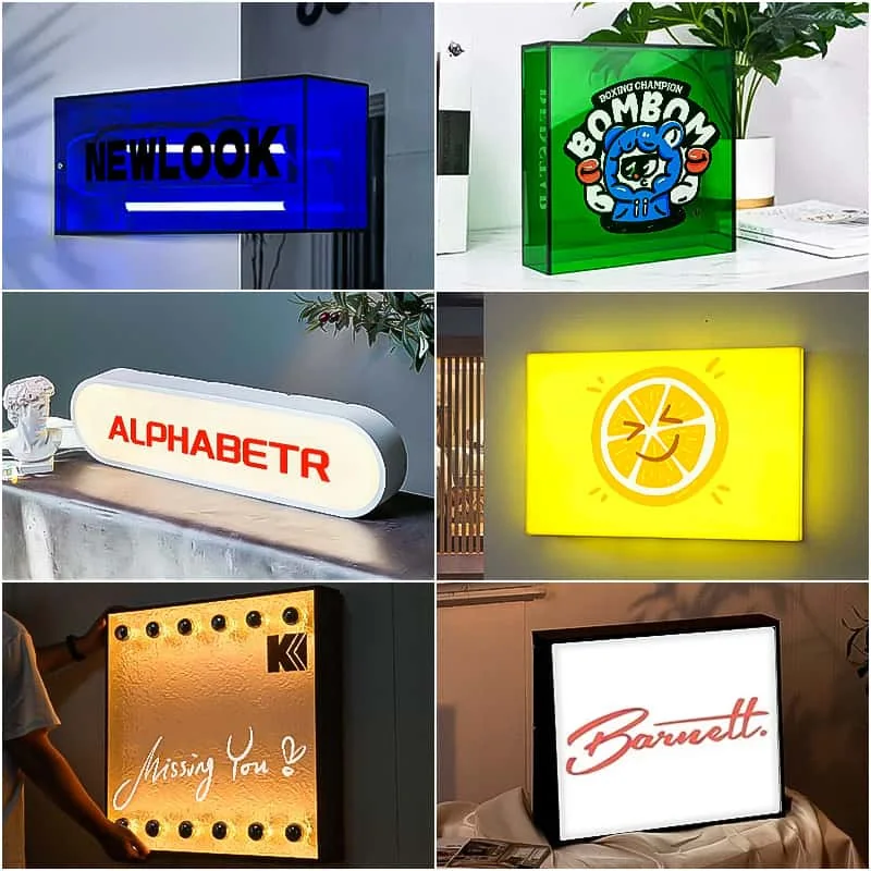 Collage of rectangular LED light box signs for shops and offices