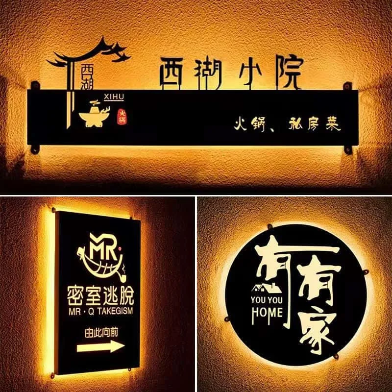 Collage of warm backlit metal logo signs for restaurants