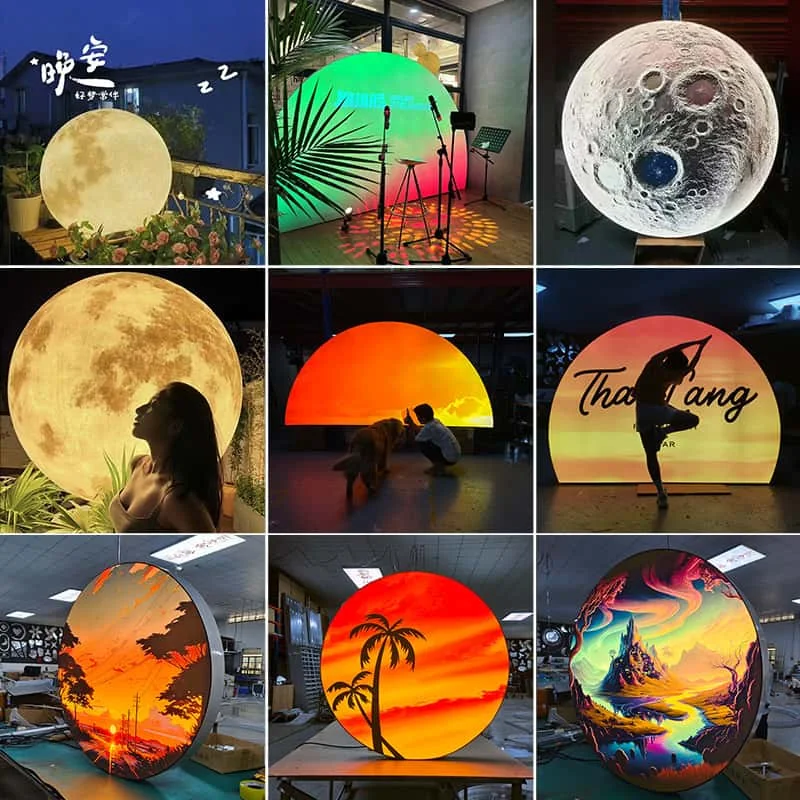 Collage of artistic round illuminated signs with scenic graphics