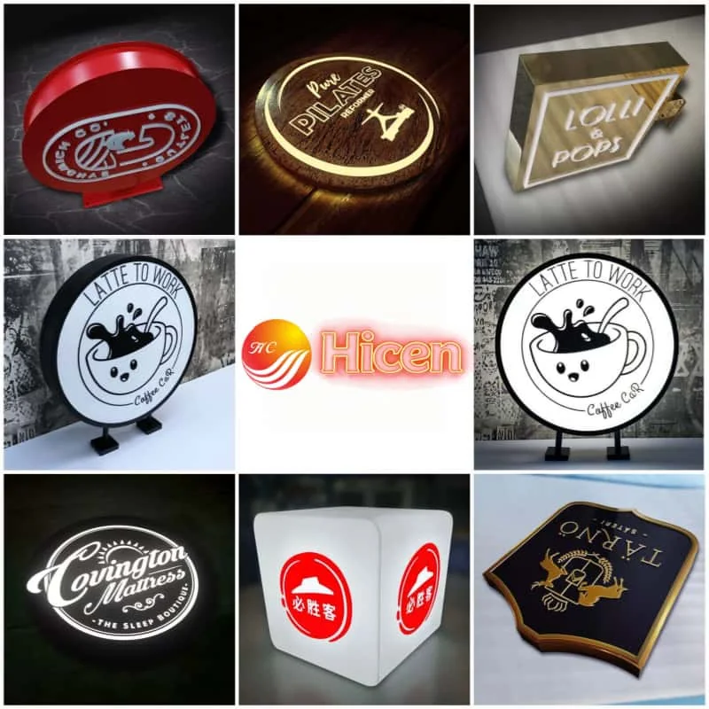 Collage of round projecting and wall-mounted light box signs