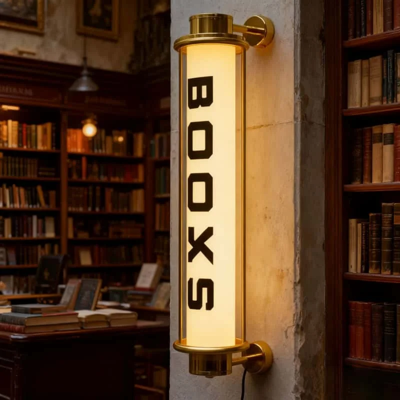 Vertical illuminated box sign installed in a restaurant interior