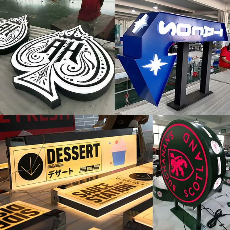 Collage comparing custom light boxes and dimensional logo signs