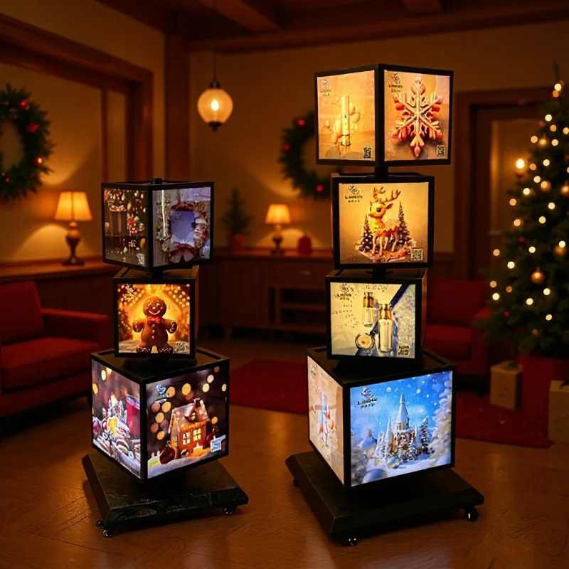 Freestanding illuminated display light boxes in a hospitality interior