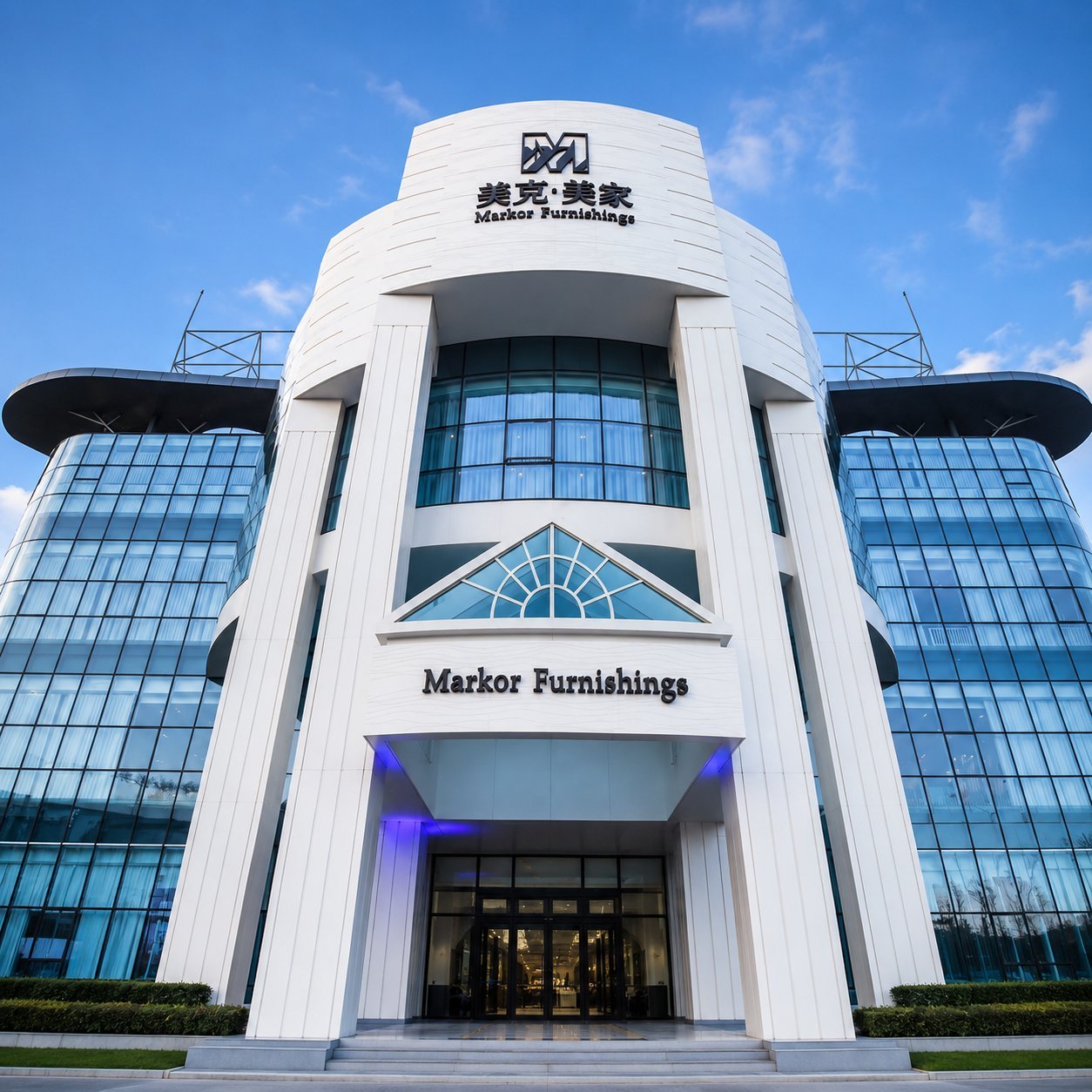 Estructura de torre Coordinación de marca en la parte superior y entrada Full-height Markor Furnishings tower with logo at the top and brand name on the entrance canopy