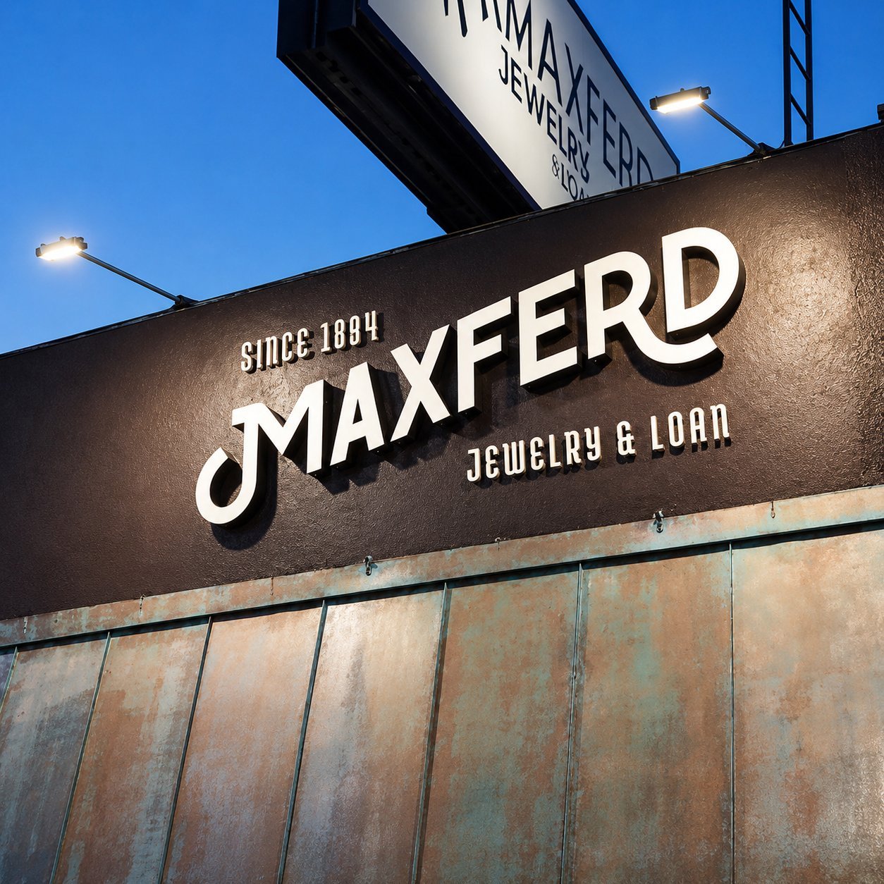 Letras de canal exterior coordinadas con letras de empuje en la azotea Exterior channel letter sign with rooftop push-through letters above a copper and patinated facade