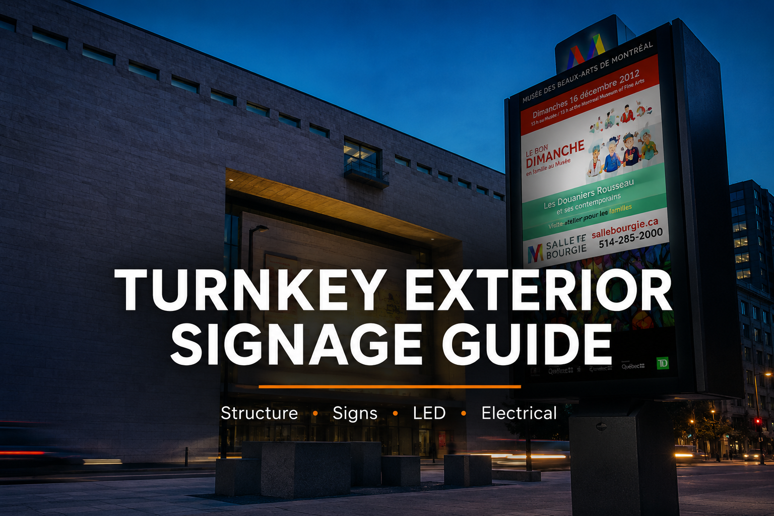 Turnkey exterior signage project combining a multi-tenant pylon sign and a large LED billboard mounted on a stone building facade