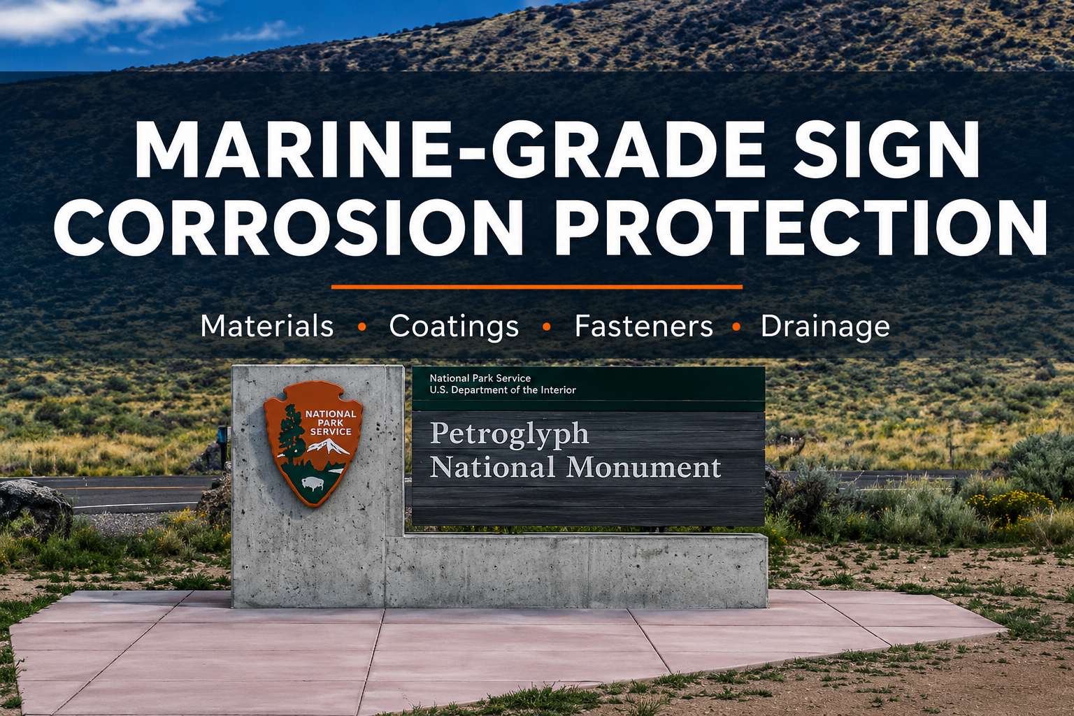Outdoor monument sign on a stone and steel base structure in an exposed landscape, representing marine-grade sign corrosion protection