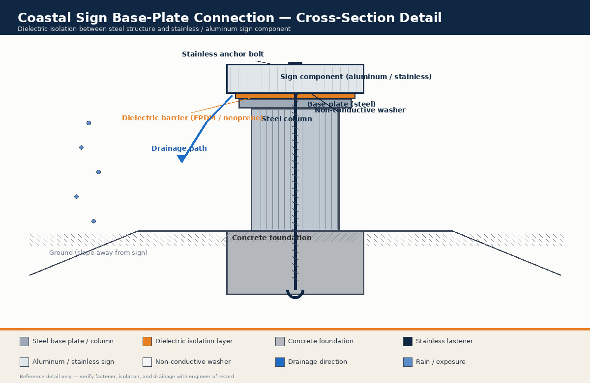 Coastal sign base-plate connection: isolation between dissimilar metals and drainage path Cross-section diagram of a coastal sign base-plate connection showing dielectric isolation between a steel structure and an aluminum or stainless component, with a fastener, non-conductive washer, and a drainage path directing water away from the plate.
