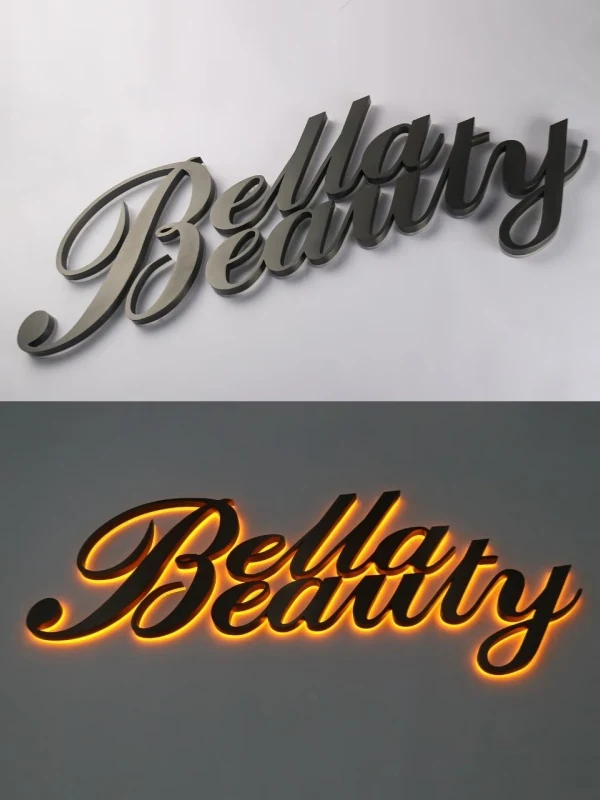 Day and night views of a beauty channel-letter sign
