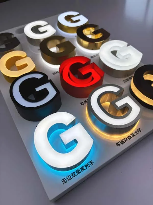 Channel-letter samples comparing face and return materials