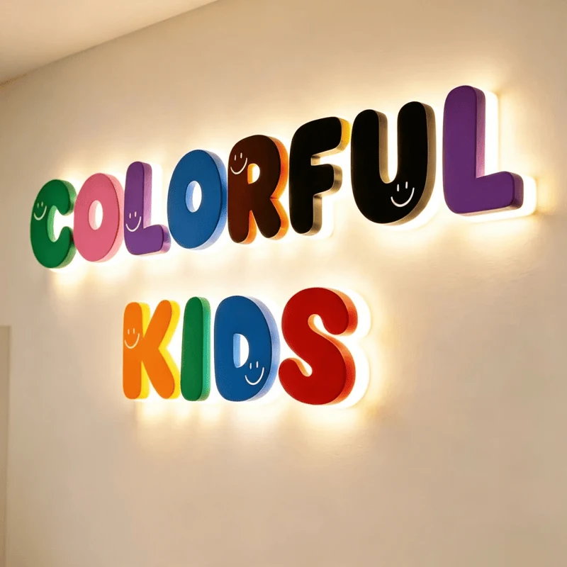 Colorful acrylic channel letters demonstrating signage materials
