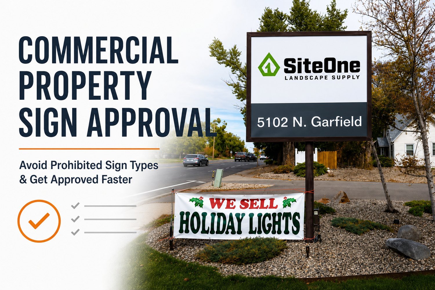 Commercial property sign approval guide showing a permanent monument sign and a temporary banner
