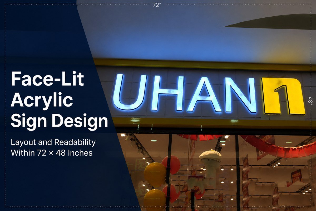 Face-lit acrylic sign design with 72 by 48 inch layout planning