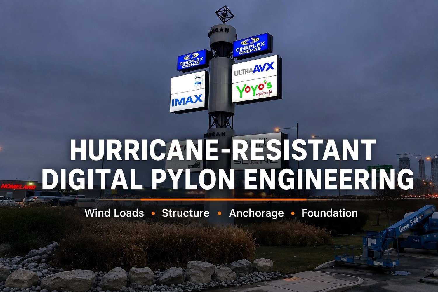 Hurricane-Resistant Digital Pylon Engineering — wind loads, structure, anchorage, foundation.