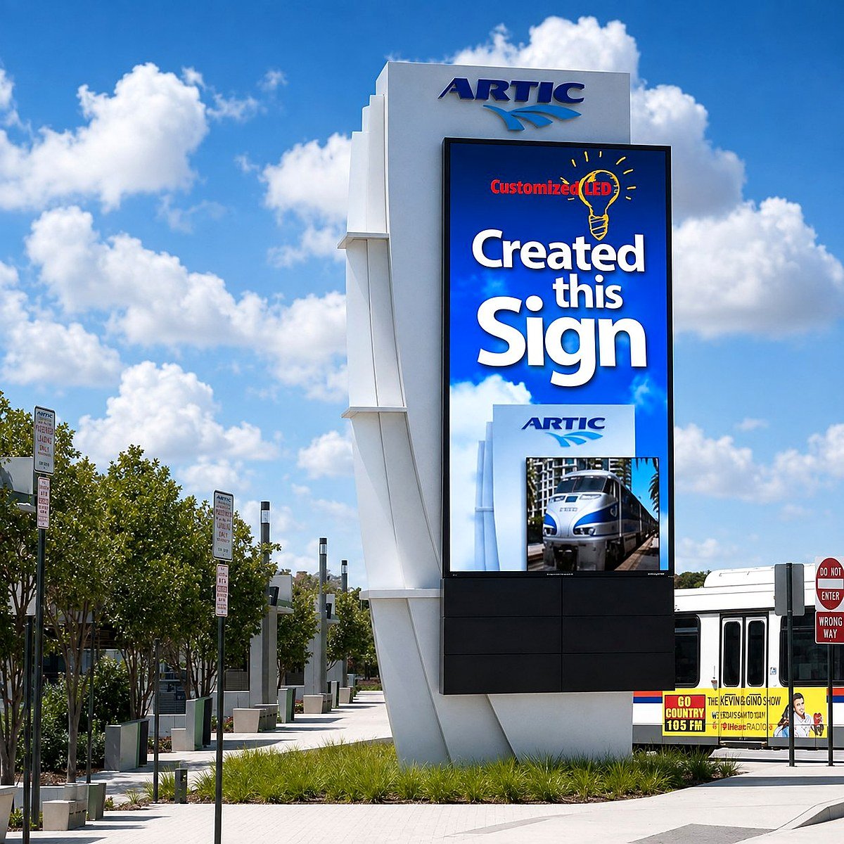 Large freestanding digital LED pylon sign displaying customizable advertising content in a daytime urban streetscape. Large freestanding digital LED pylon sign displaying customizable advertising content in a daytime urban streetscape.