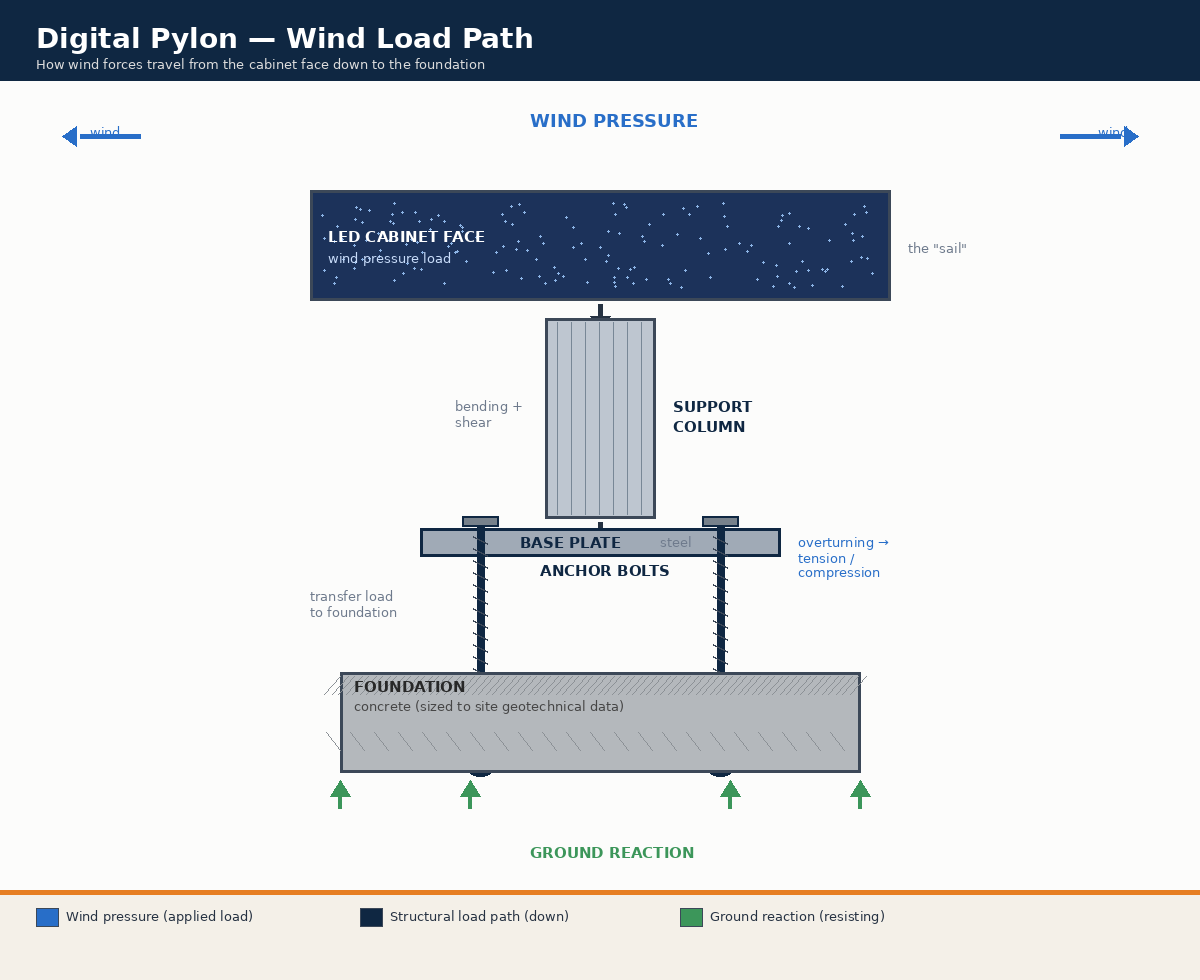 Wind load path through a digital pylon sign Wind load path through a digital pylon sign, from LED cabinet face through column, base plate, anchor bolts and foundation.