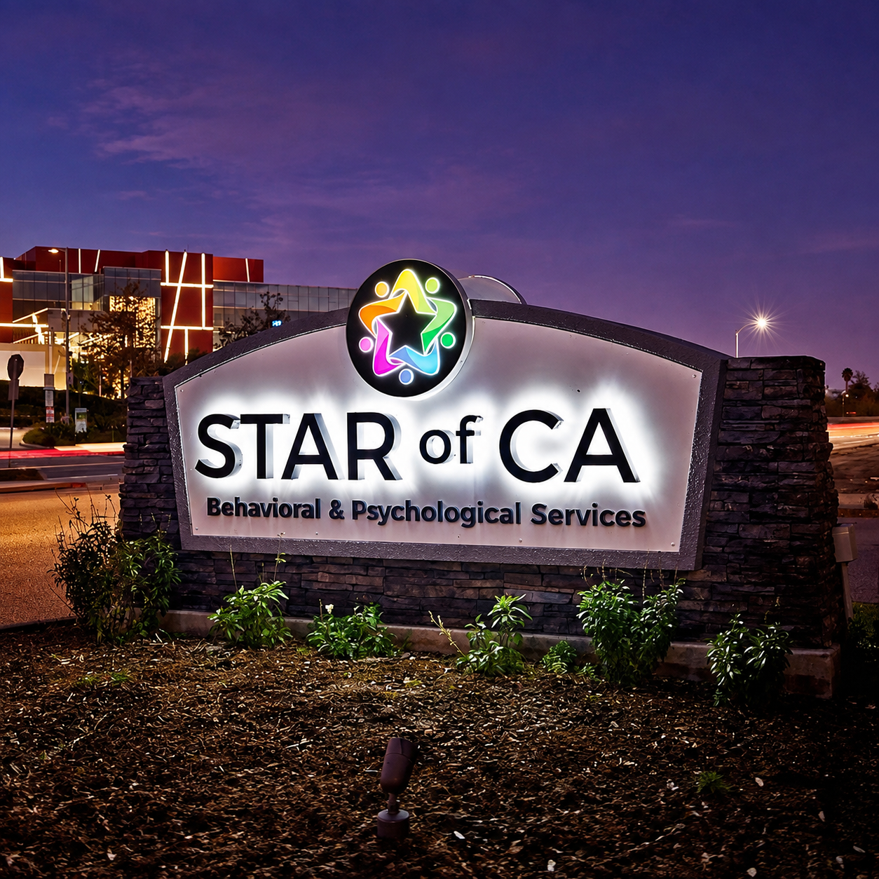 Illuminated commercial monument sign with clear night visibility