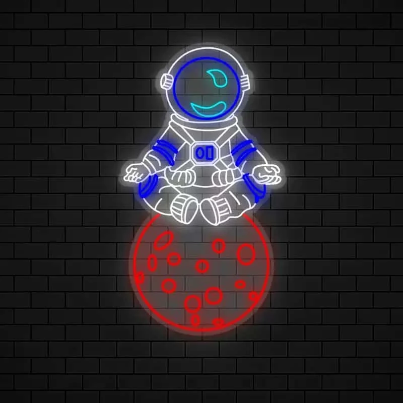 Astronaut LED neon artwork with blue and red lighting