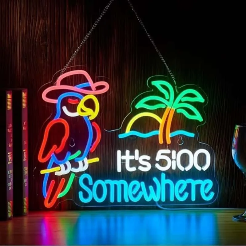 Colorful parrot LED neon sign on a dark background