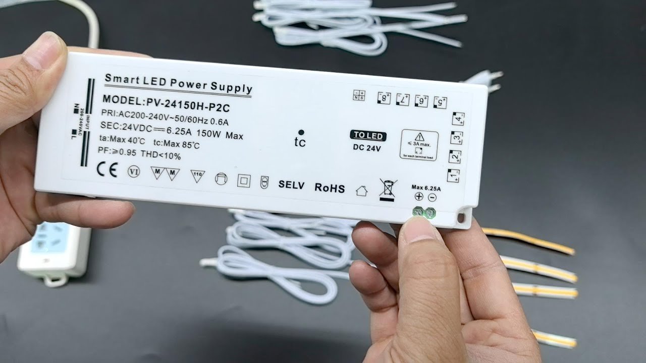 LED power supply label showing voltage load temperature and safety specifications