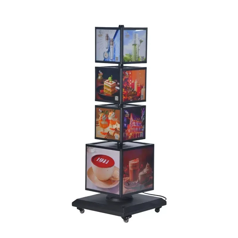 Rotating floor display stand with illuminated graphic panels