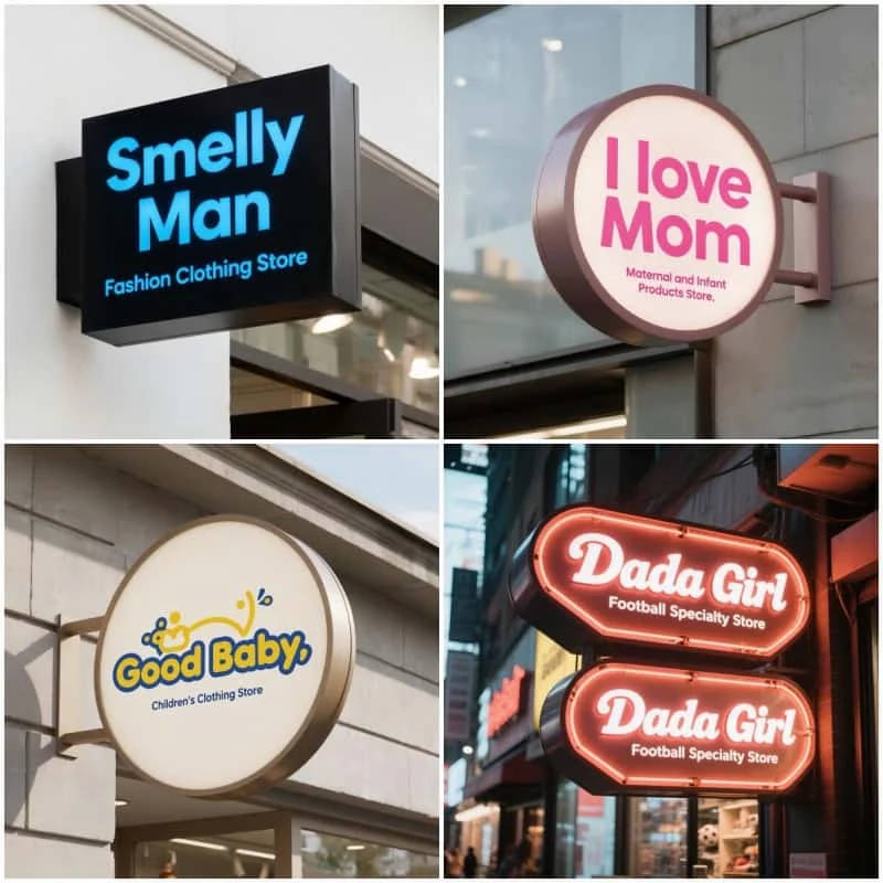 Collage of round projecting LED signs for retail brands