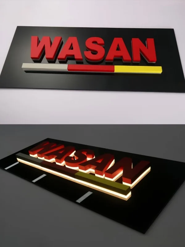 Collage of WASAN logo signs showing LED lighting variations