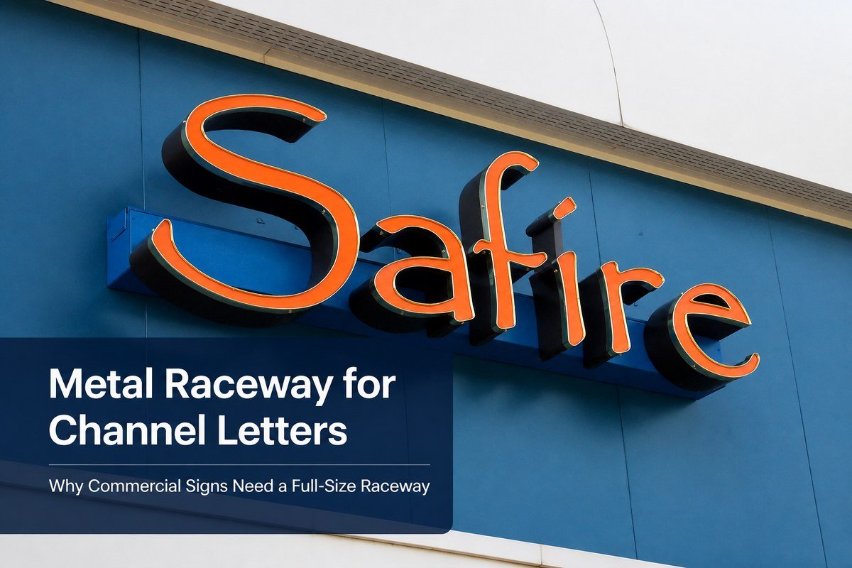Metal raceway for channel letters on a commercial building facade