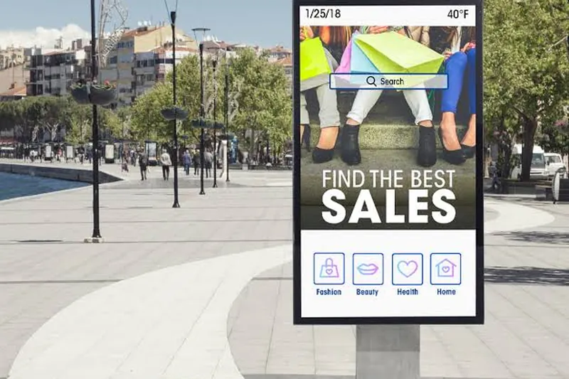 Outdoor digital sign in a public installation Freestanding outdoor digital sign in a public city plaza