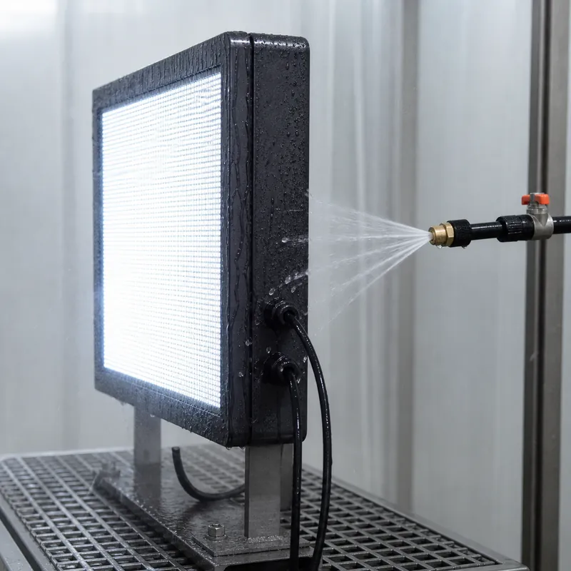 Outdoor sign enclosure water-spray test Controlled water-spray test on an illuminated outdoor sign enclosure
