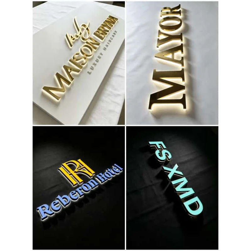 Collage of outdoor channel letter signs with different lighting effects