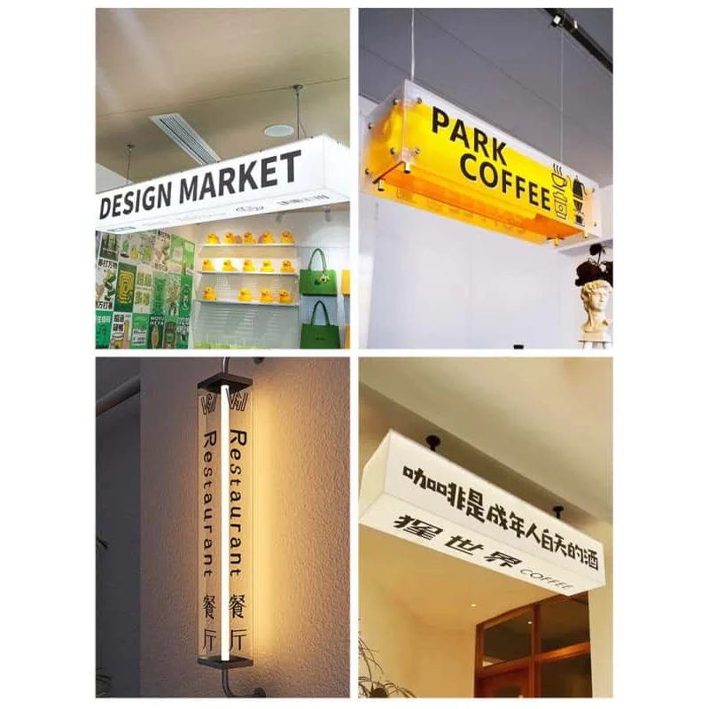 Collage of projecting and wall-mounted outdoor light box signs