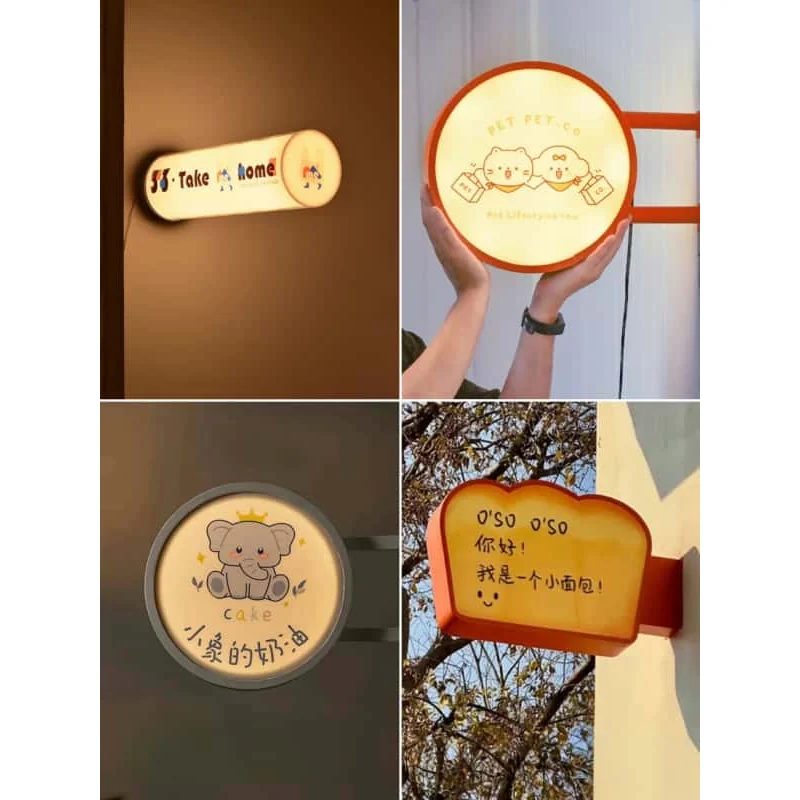 Collage of round projecting light boxes for outdoor storefronts