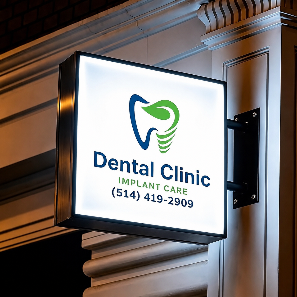Illuminated projecting cabinet sign mounted to a commercial facade
