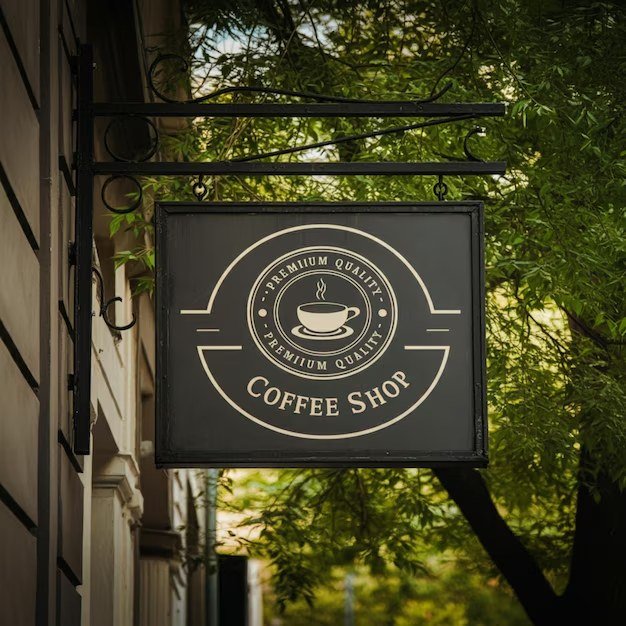 Square hanging outdoor coffee shop projecting sign