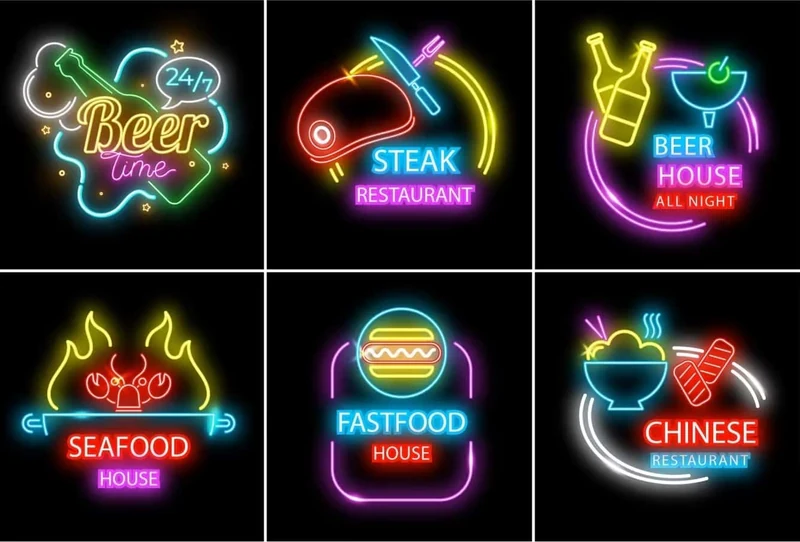 Collage of restaurant LED neon signage