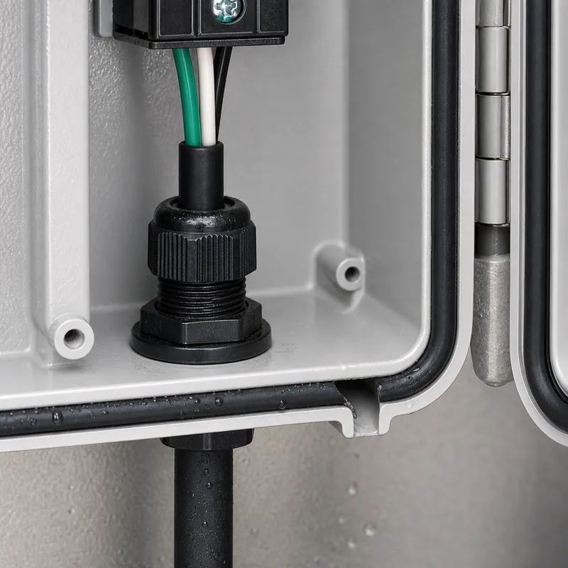 Sealed cable gland in a sign enclosure Outdoor signage waterproofing cable gland and enclosure gasket