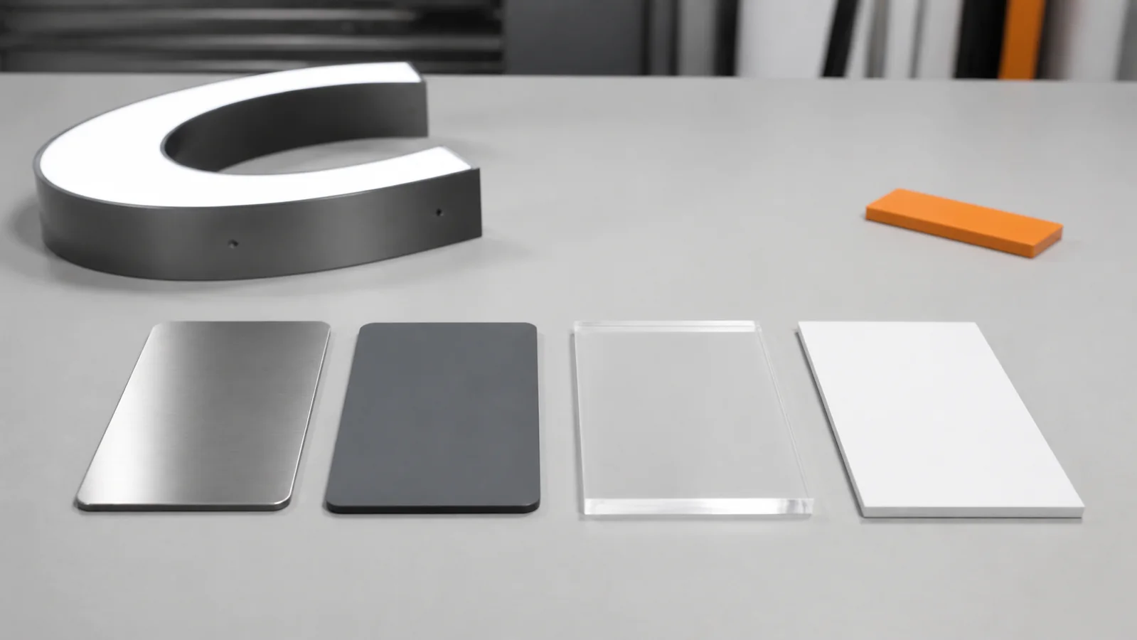 Signage material selection samples Stainless steel aluminum acrylic and PVC samples for signage material selection