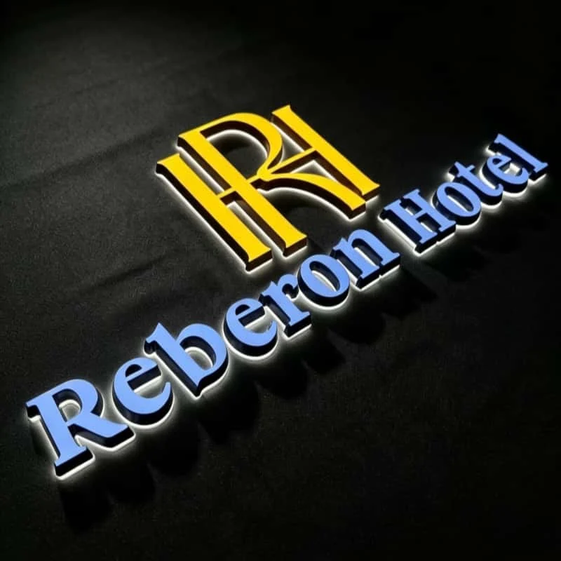 Stainless steel hotel logo sign with halo lighting