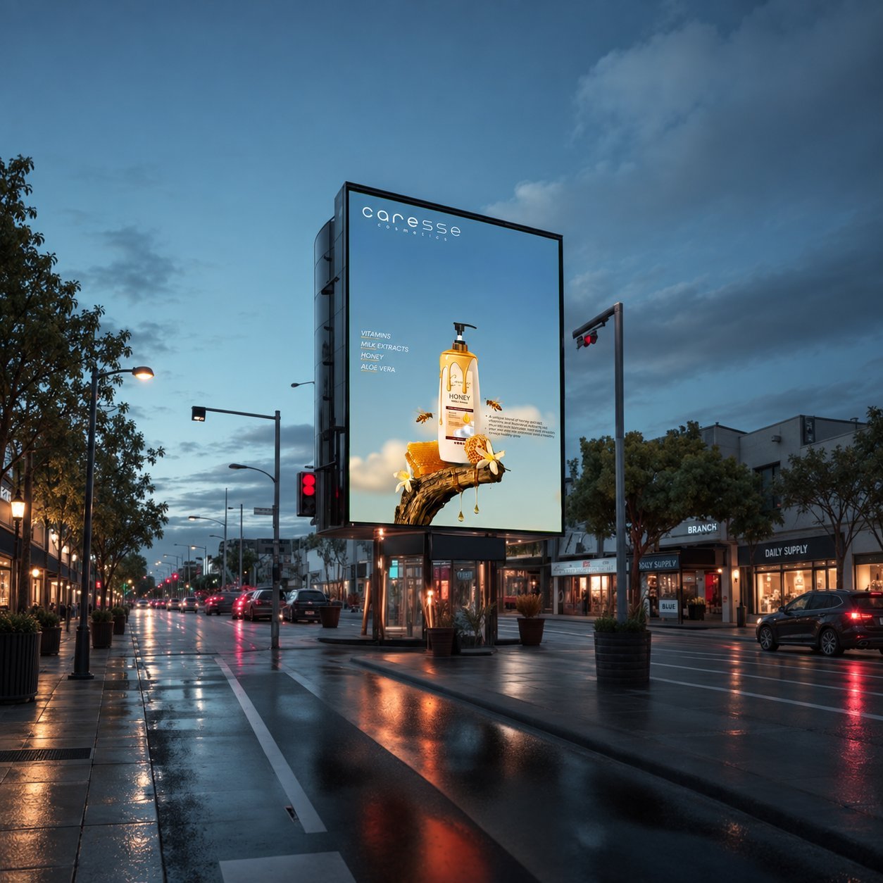 Dusk LED Display Readability LED display screen lit up on a city street at dusk.