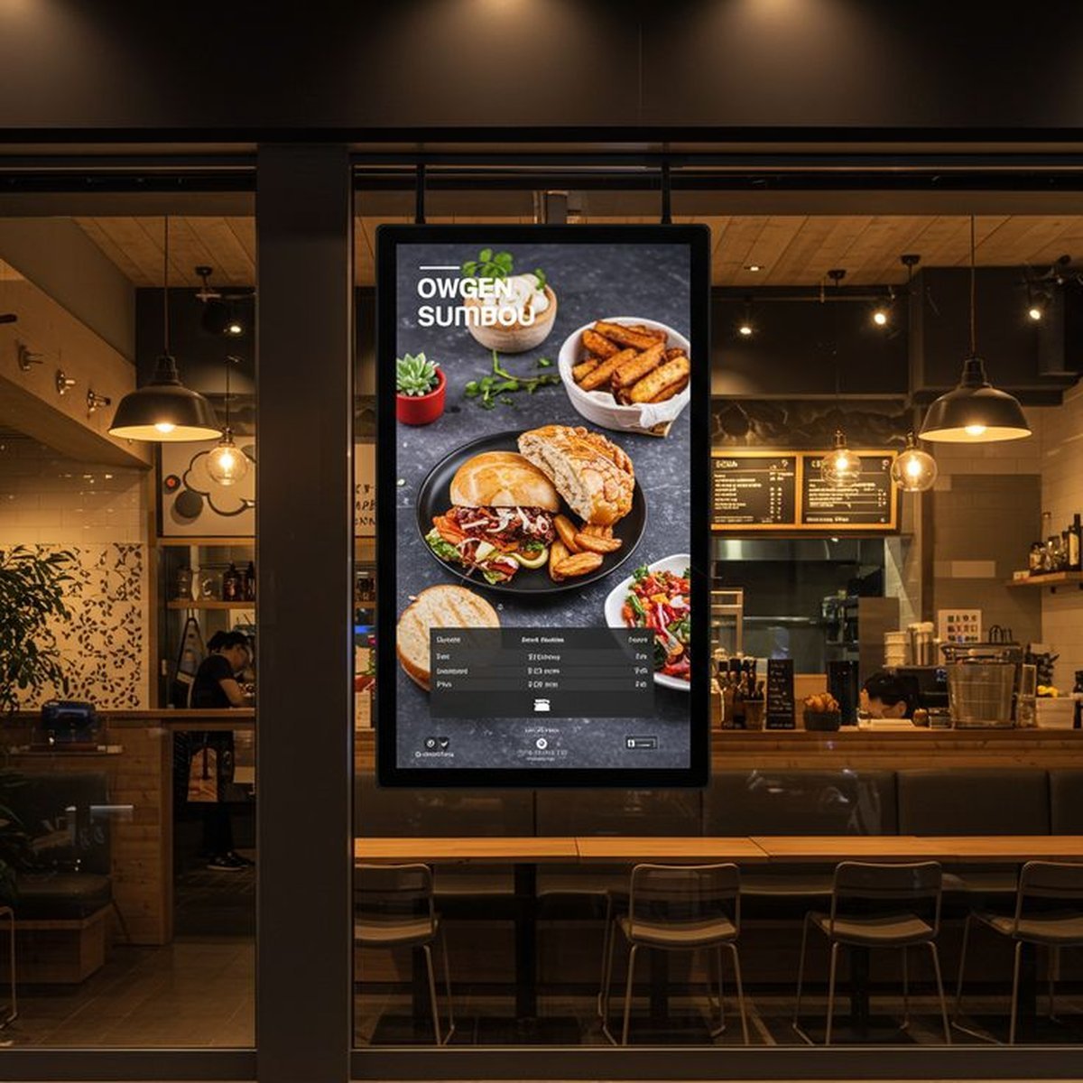Building-Window LED Menu Portrait LED menu board visible through a restaurant storefront.