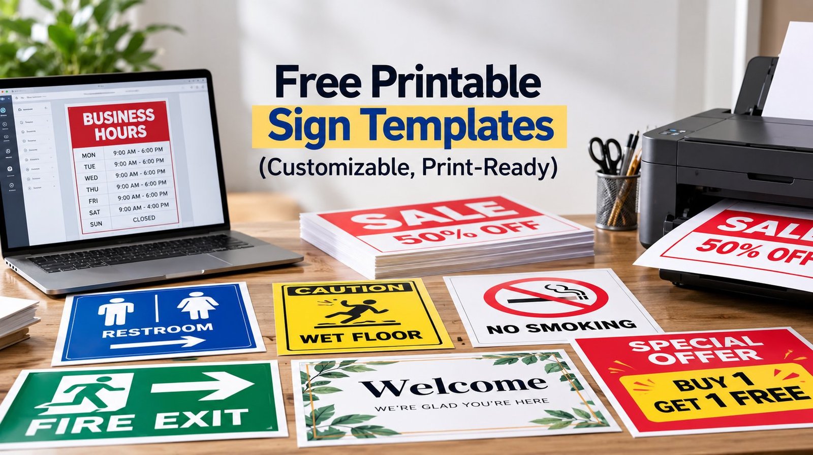 A workspace showing a laptop with a printable business hours sign, a printer, and a row of finished printable signs — Sale, SALE 50% OFF, Welcome, Restroom, Wet Floor, No Smoking, Fire Exit, and Special Offer.