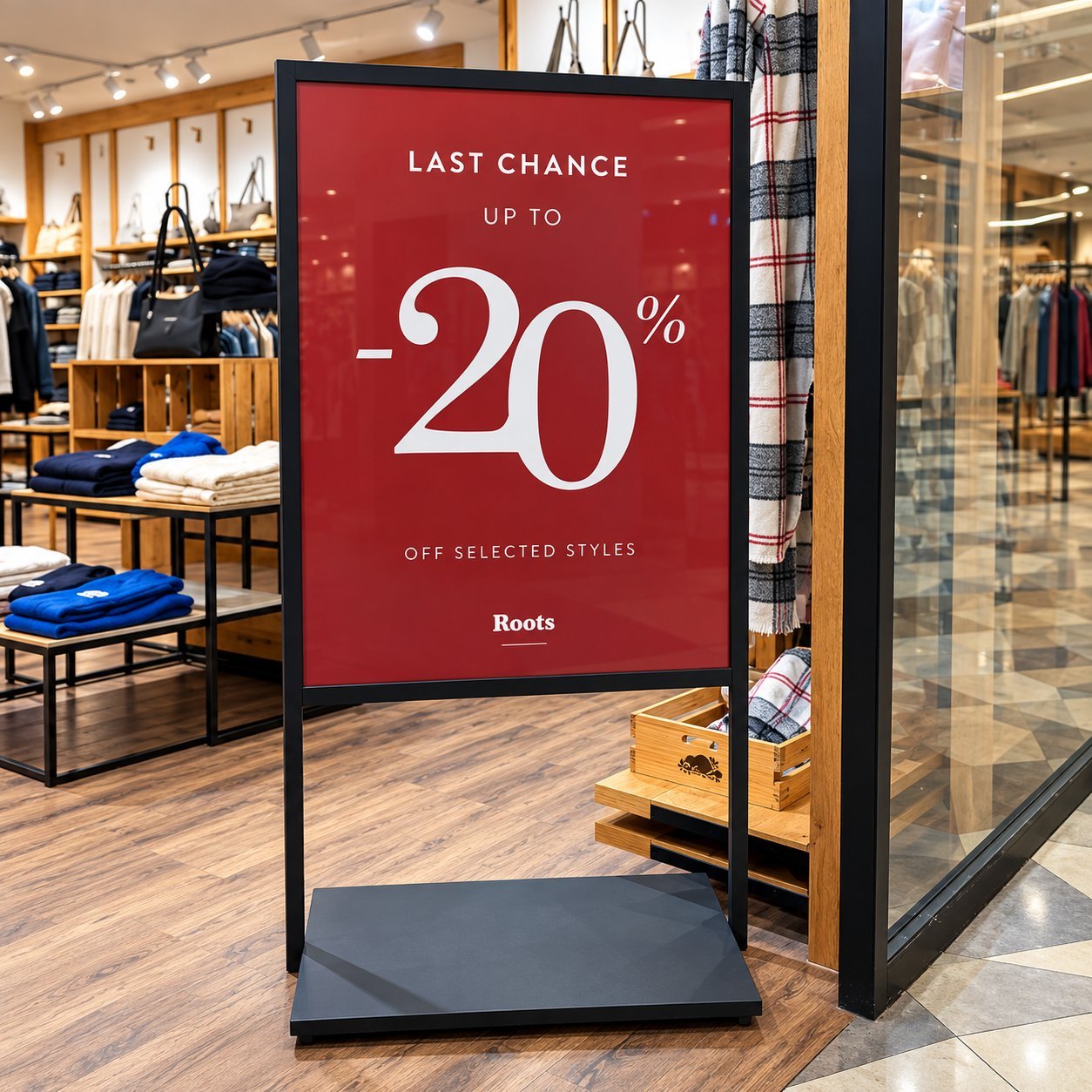 A free-standing red sale sign reading LAST CHANCE UP TO -20% OFF SELECTED STYLES, Roots brand, displayed in a retail clothing store.